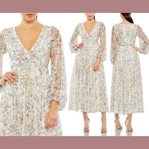 NWT $698 Mac Duggal [ 12 ] Embellished Floral Faux Wrap A Line Dress White G1699